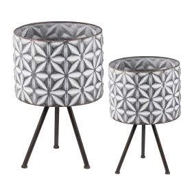 Set of 2 Metal Planter Stand,Round Galvanized Grey Farmhouse Planter