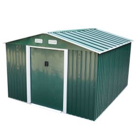 9.1' x 10.5' Galvanized Steel Storage Shed Sliding Door Tool Shack with 4 Vents & Metal Floor (Color: Green)