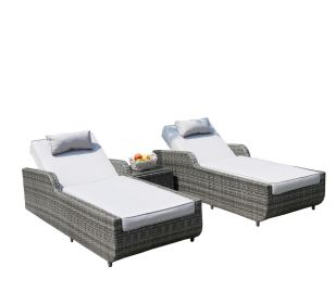 Direct Wicker Outdoor 3PCS Deluxe Patio Adjustable Wicker Rattan Chaise Lounge Set with Cushions and Table (Color: Gray)