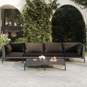 5 Piece Patio Lounge Set with Cushions Poly Rattan Dark Gray (Color: Grey)